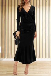 Solid Color Velvet Long Sleeve V-neck Slim Fit Fishtail Maxi Dress - View 7