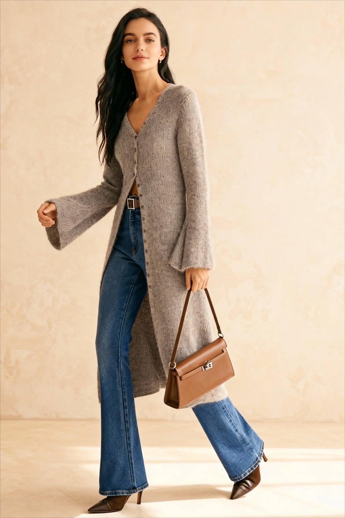 V-Neck Bell Sleeve Button Front Longline Fuzzy Knit Cardigan