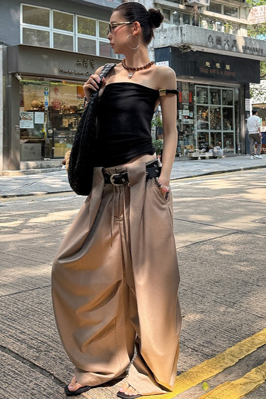 High Waist Pleated Drawstring Slouchy Wide Leg Trousers 2