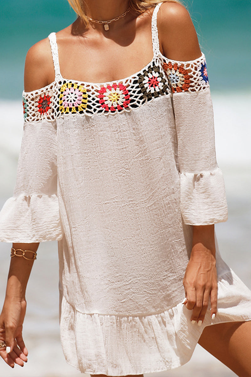 Crocheted Off Shoulder Short Solid Color Sunscreen Beach Skirt