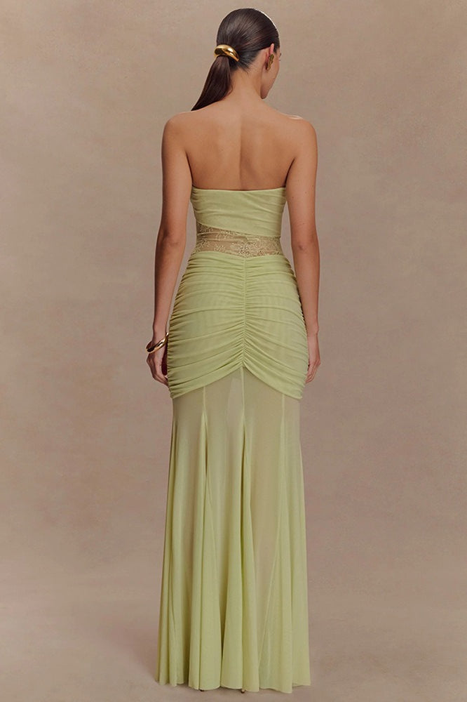 Strapless Ruched Cutout Bodycon Lace Dress
