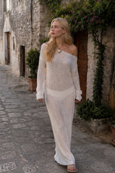Round Neck Off-Shoulder Hollow Knitted Bodycon Maxi Dress