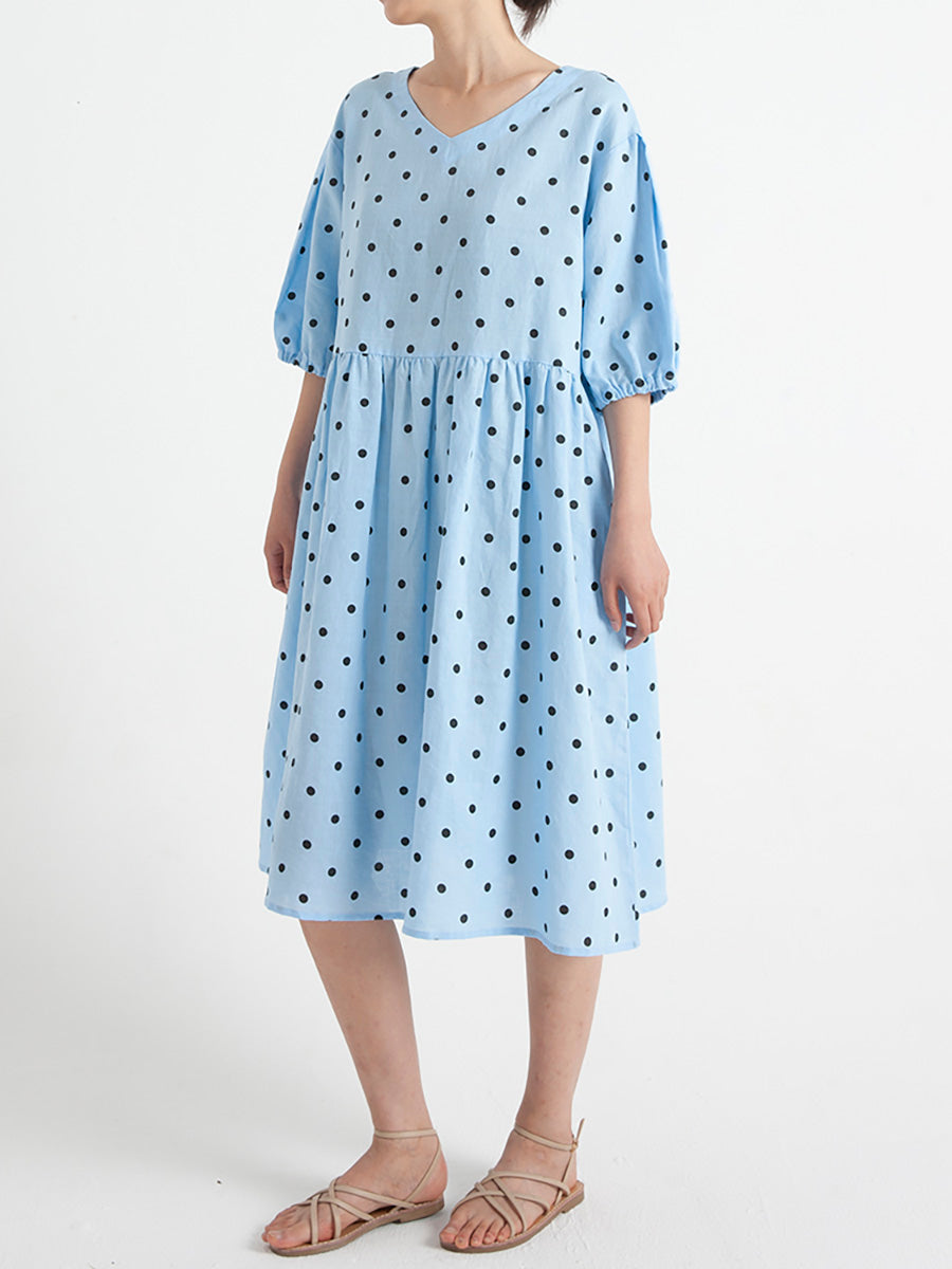 Polka Dot V-Neck Puff Sleeve Empire Waist Midi Dress