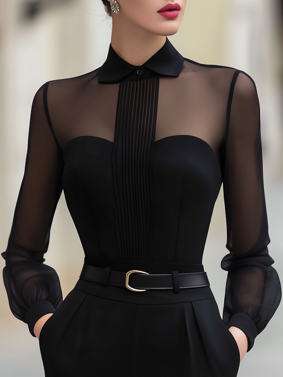 Sheer Mesh Collared Pleated Front Blouse
