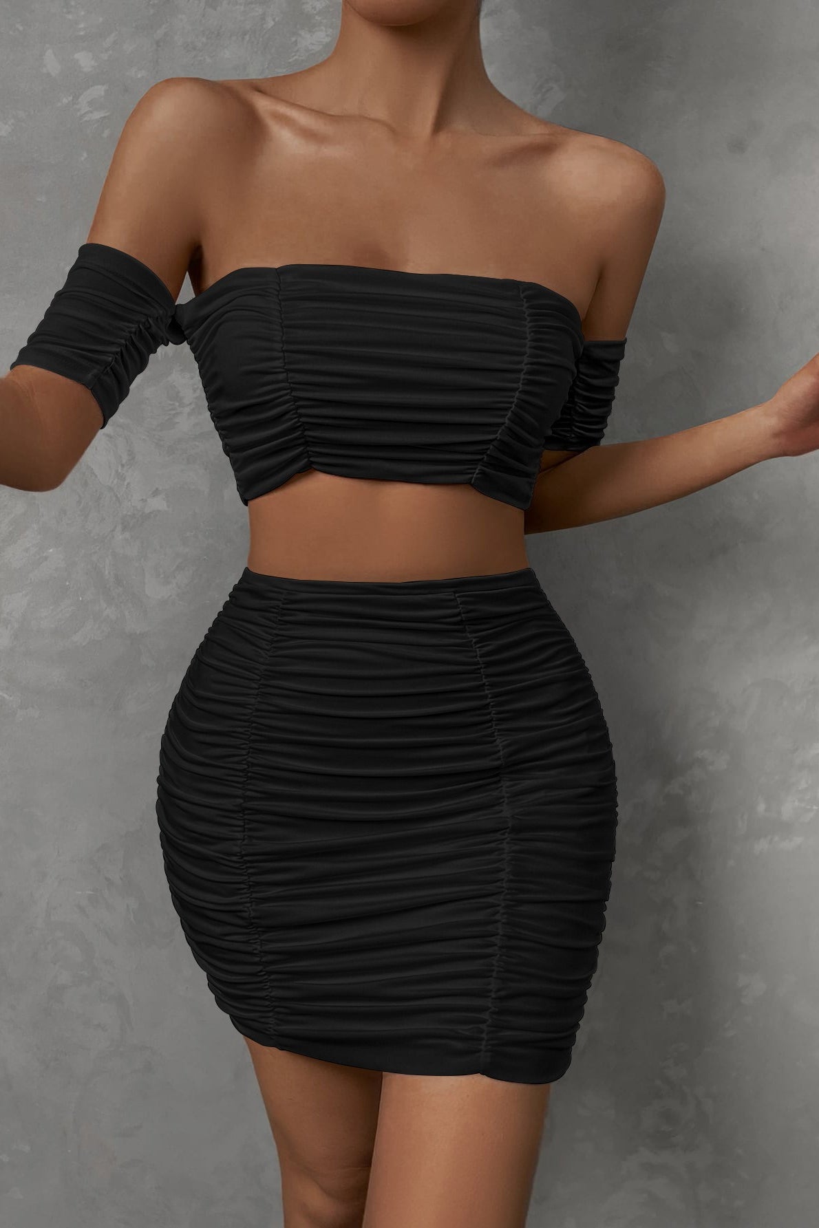 Off Shoulder Ruched Crop Top and High Waist Skirt Two Piece Set 5