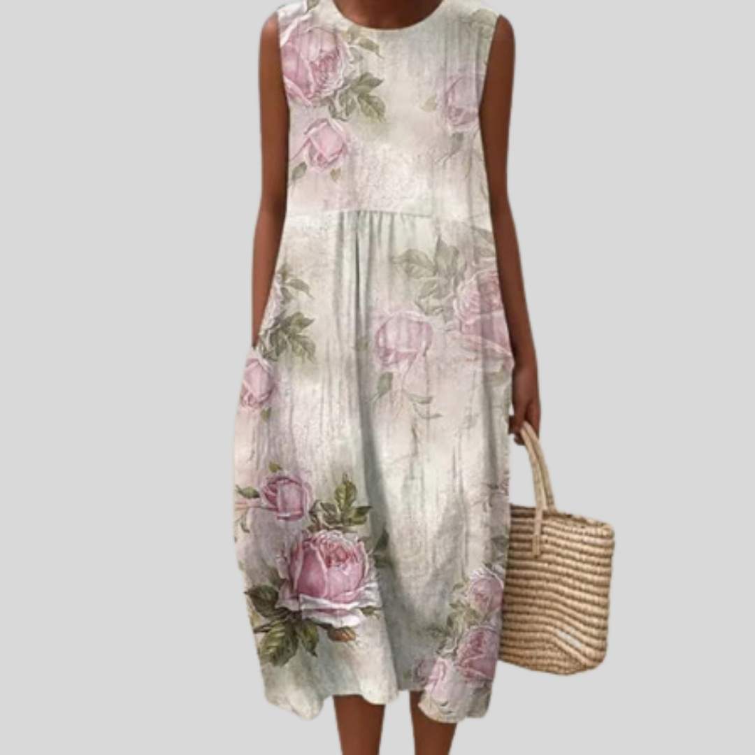 Rose Floral Round Neck Sleeveless Pocket Midi Dress