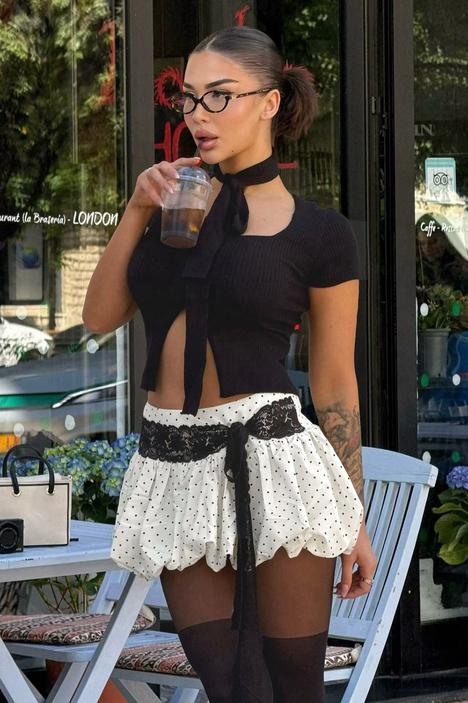 Polka Dot Lace Up Tulip Mini Skirt