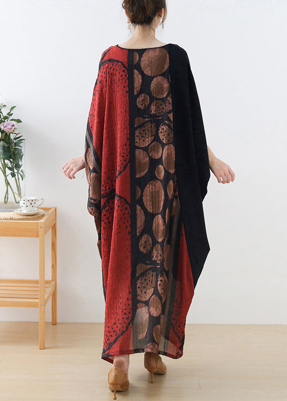 Abstract Print V-Neck Batwing Sleeve Asymmetric Hem Kaftan Maxi Dress