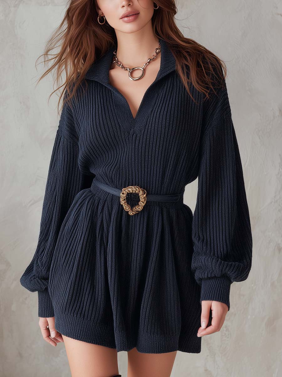 Deep Navy Minimal Chic Soft Ribbed Knit Mini Dress With Belt