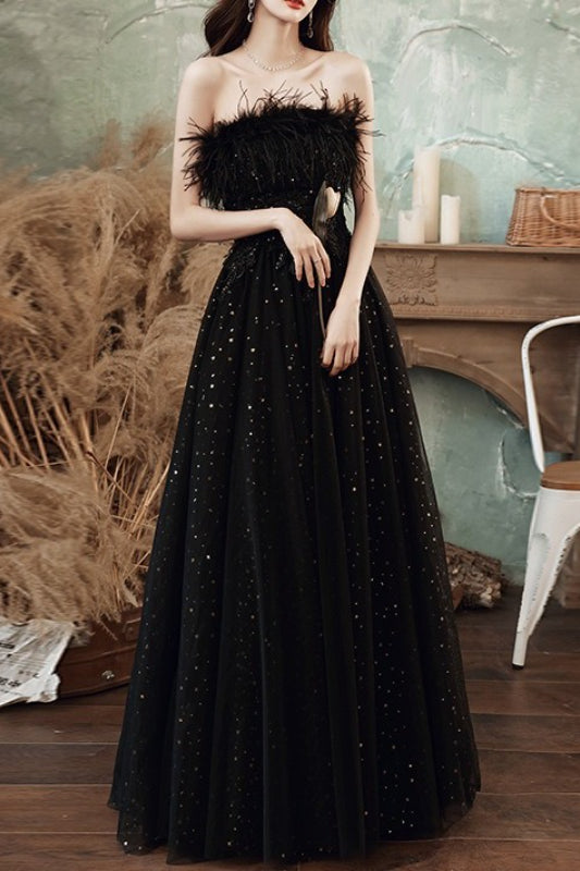 Feather Trim Ball Gown Prom Dress