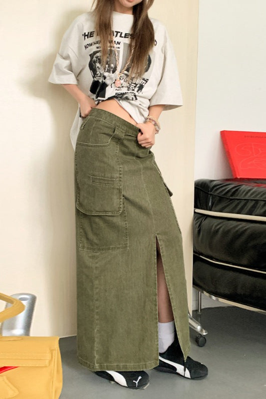 High Waist Cargo Pocket Front Slit Straight Maxi Skirt 4
