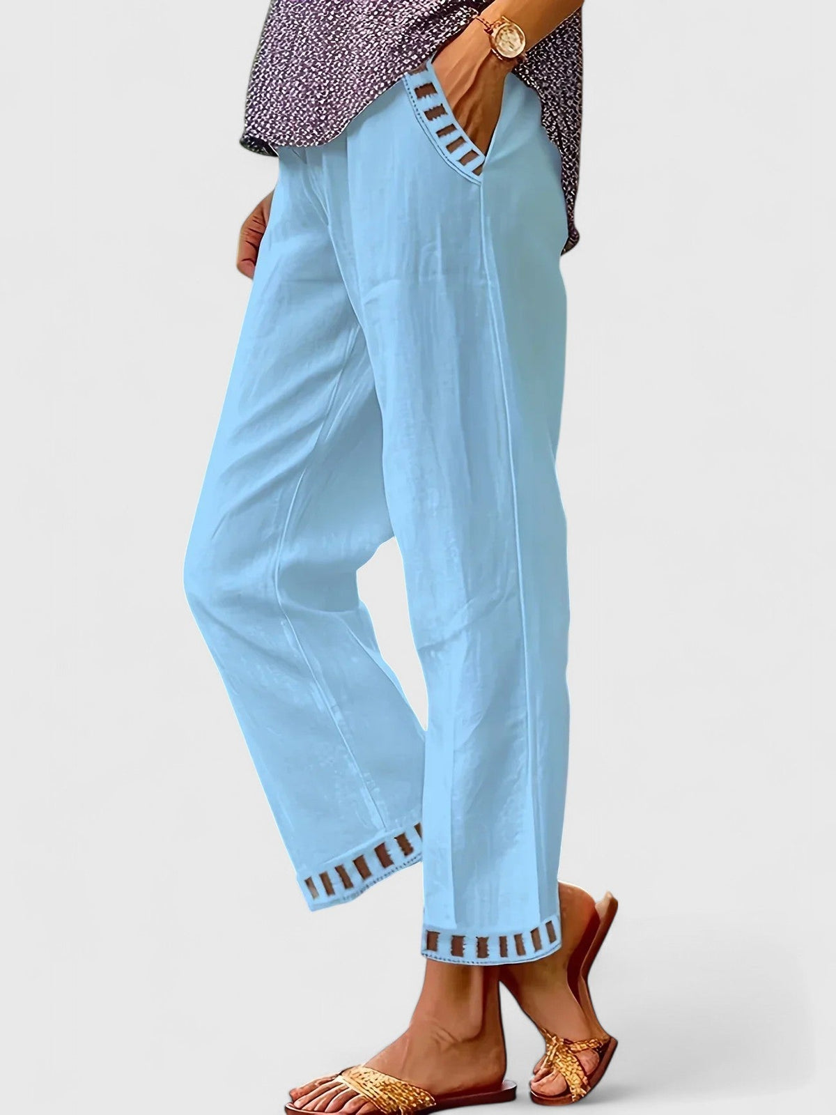 High Waist Ladder Trim Straight Leg Pants
