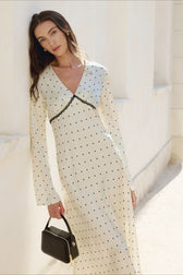 Satin Polka Dot V Neck A Line Midi Dress - View 5