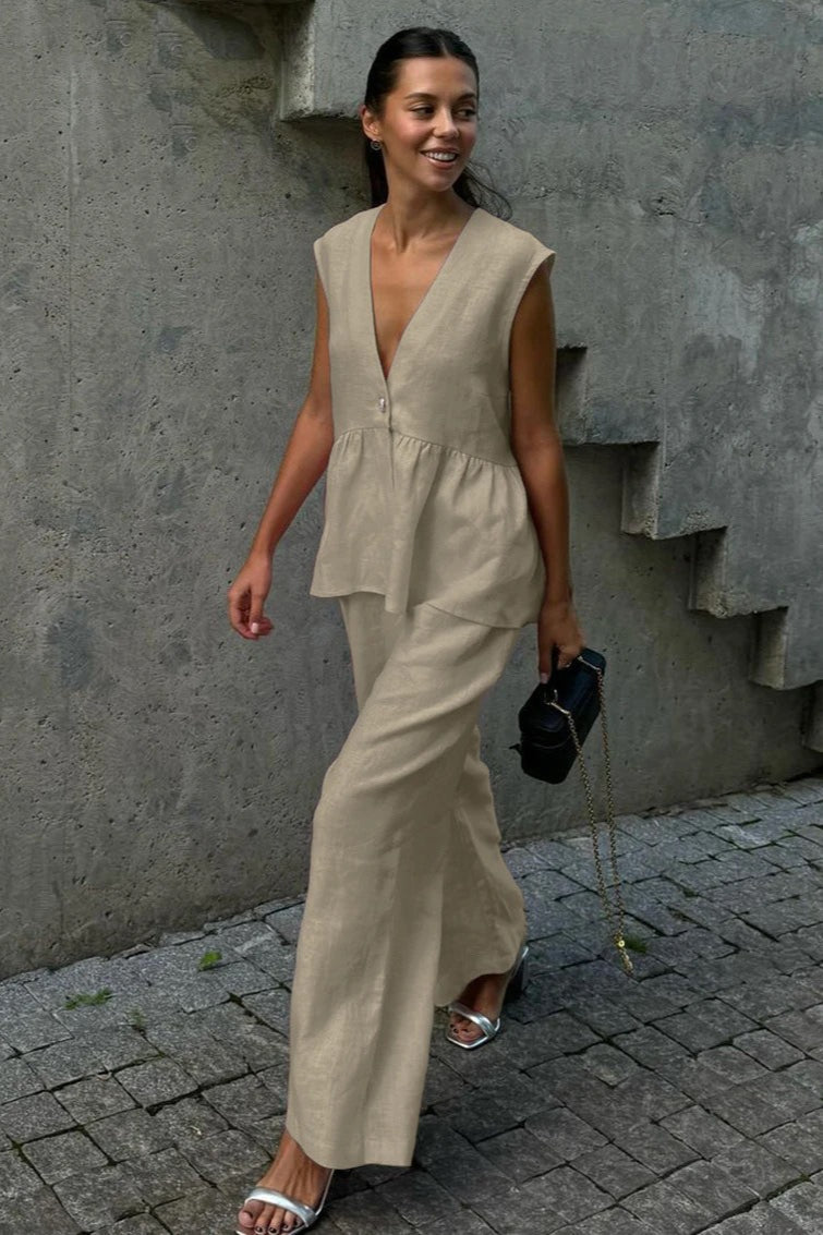 V-Neck Sleeveless Peplum Vest and Wide Leg Pants Two Piece Set 5