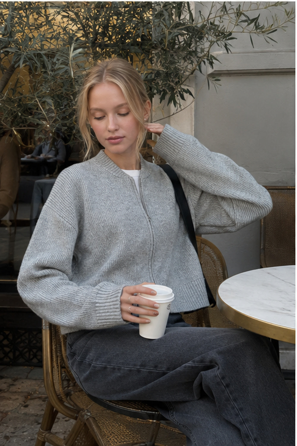 Casual Solid Color Zip-Up Loose Fit Knit Sweater