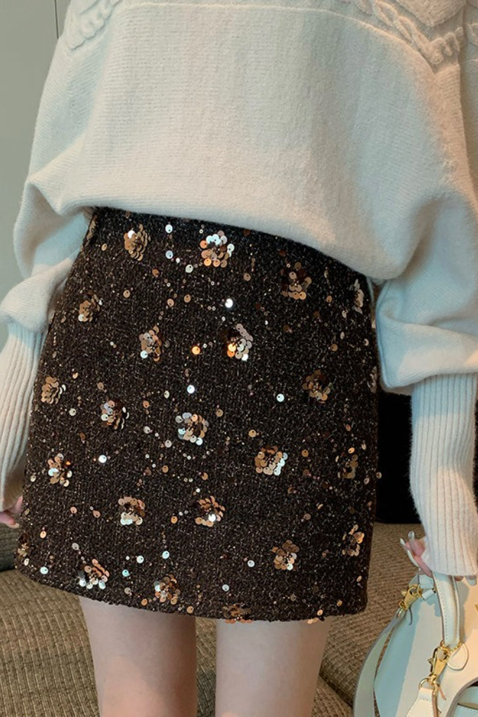 Sequin Floral Embellished Tweed High Waist Mini Skirt 2