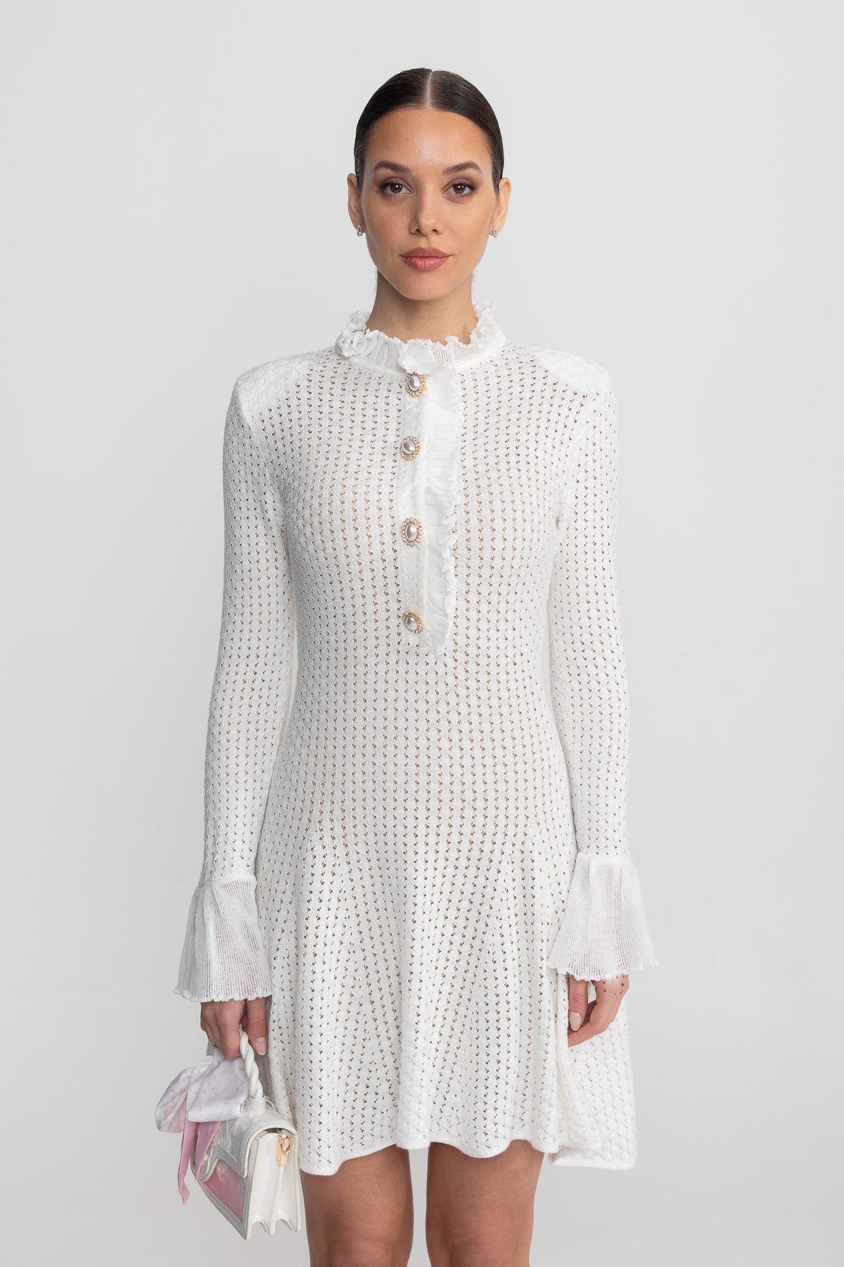 Open Knit Ruffle Neck Button Front Flare Cuff Long Sleeve Mini Dress 6