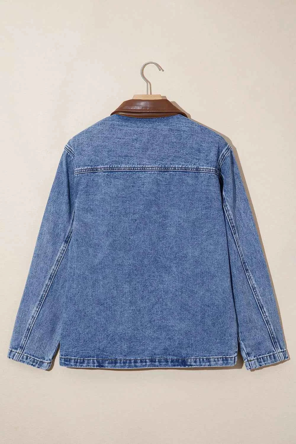 Patchwork Leather Collar Long Sleeve Denim Jacket