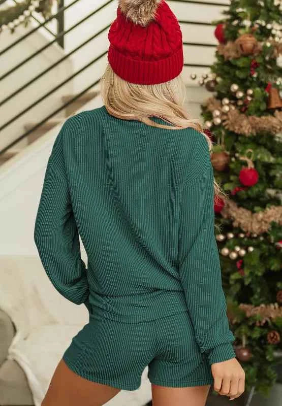 Merry Graphic Ribbed Long Sleeve Top and Drawstring Shorts Two Piece Set 13