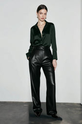 Lace Leather Panel Sheer Long Sleeve Chic Blouse