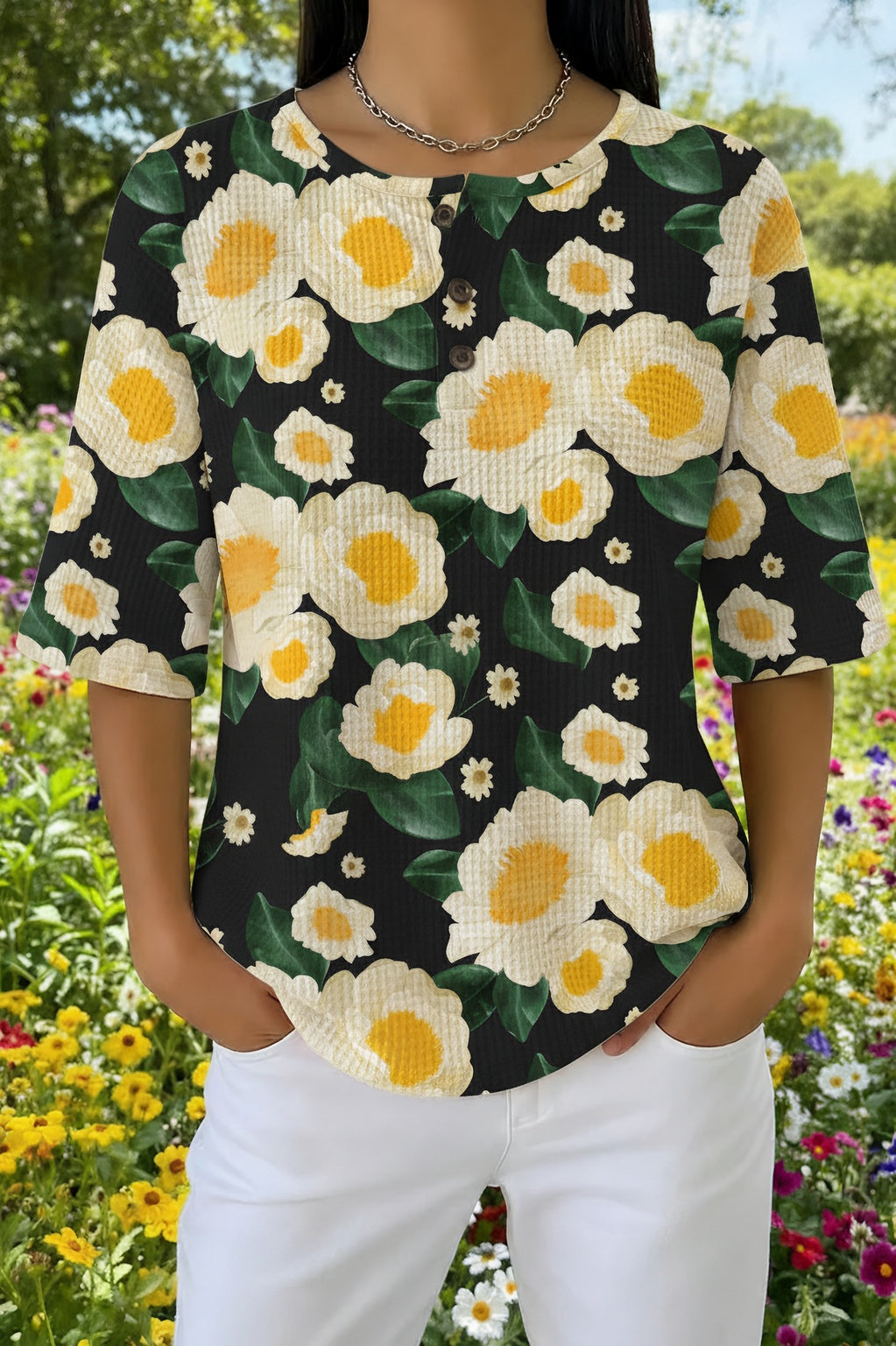 Womens Black Daisy Print Casual Shirt