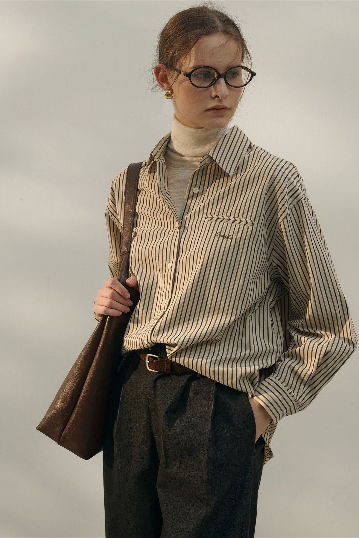 Striped Collared Long Sleeve Chest Pocket Oversized Shirt 2