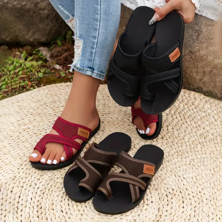 Mesh Cross Strap Open Toe Flat Slide Sandals
