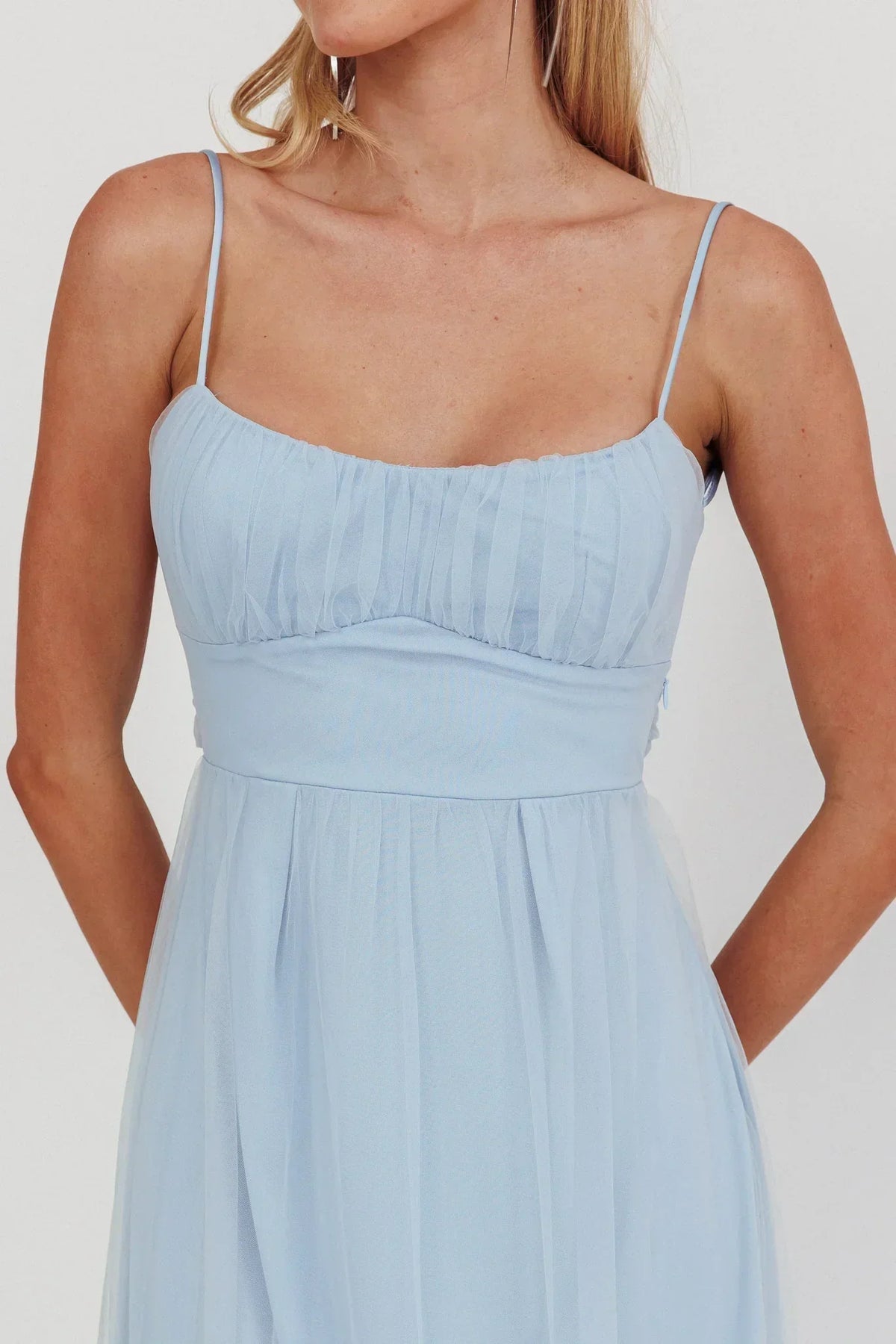 Tulle Spaghetti Strap Ruched Bust Tiered Ruffle Maxi Dress 3