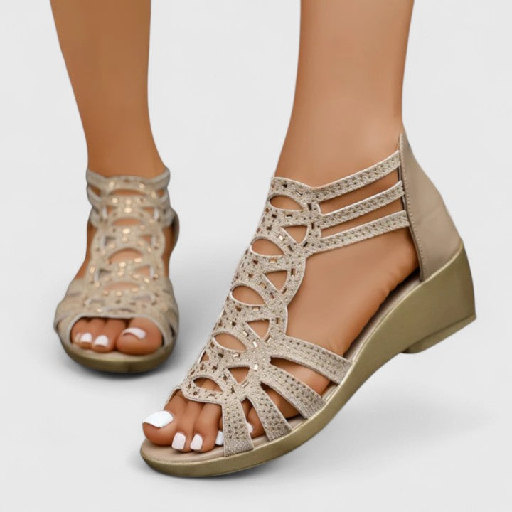 Cut Out Rhinestone Back Zip Wedge Sandals