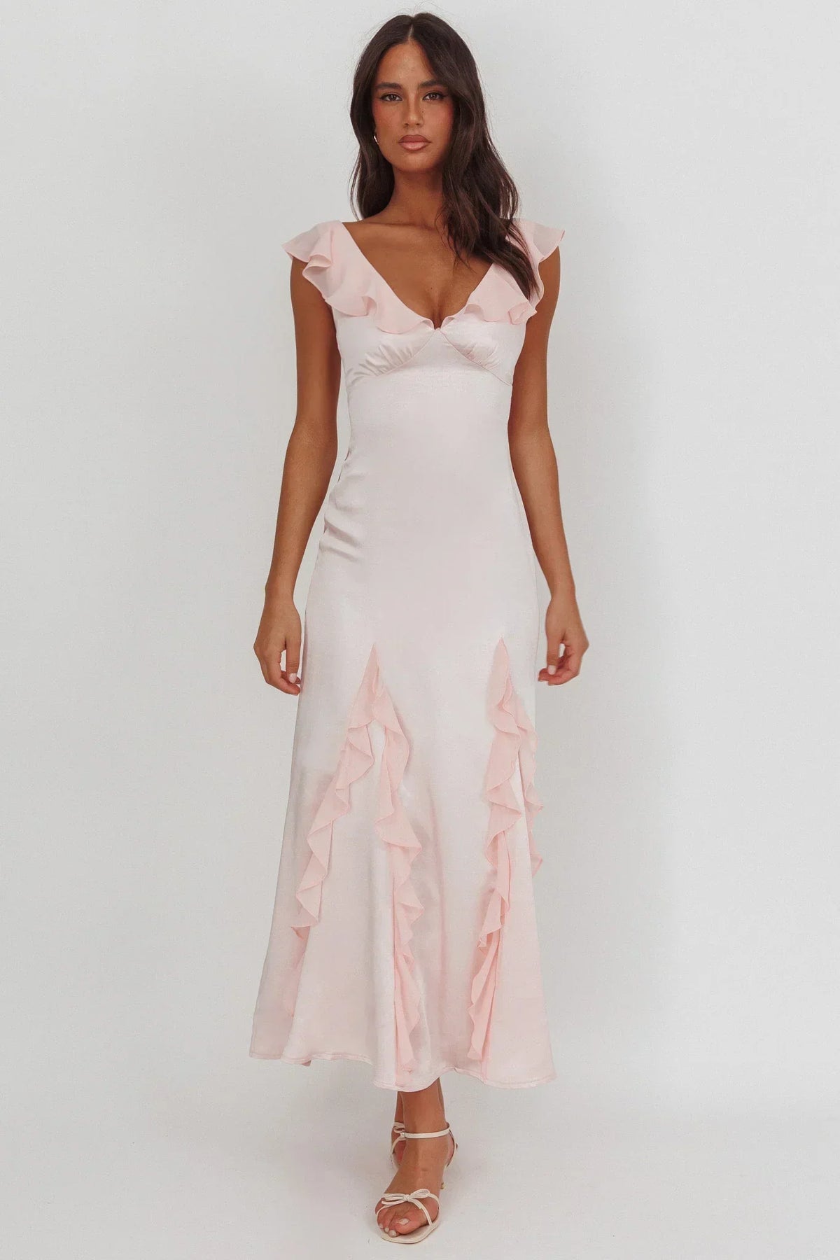 Satin V-Neck Ruffle Sleeve Ruffle Panel Maxi Dress