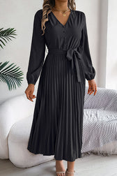 Solid Color Elegant V-neck Buttoned Lace-up Pleated Maxi Dress - View 16