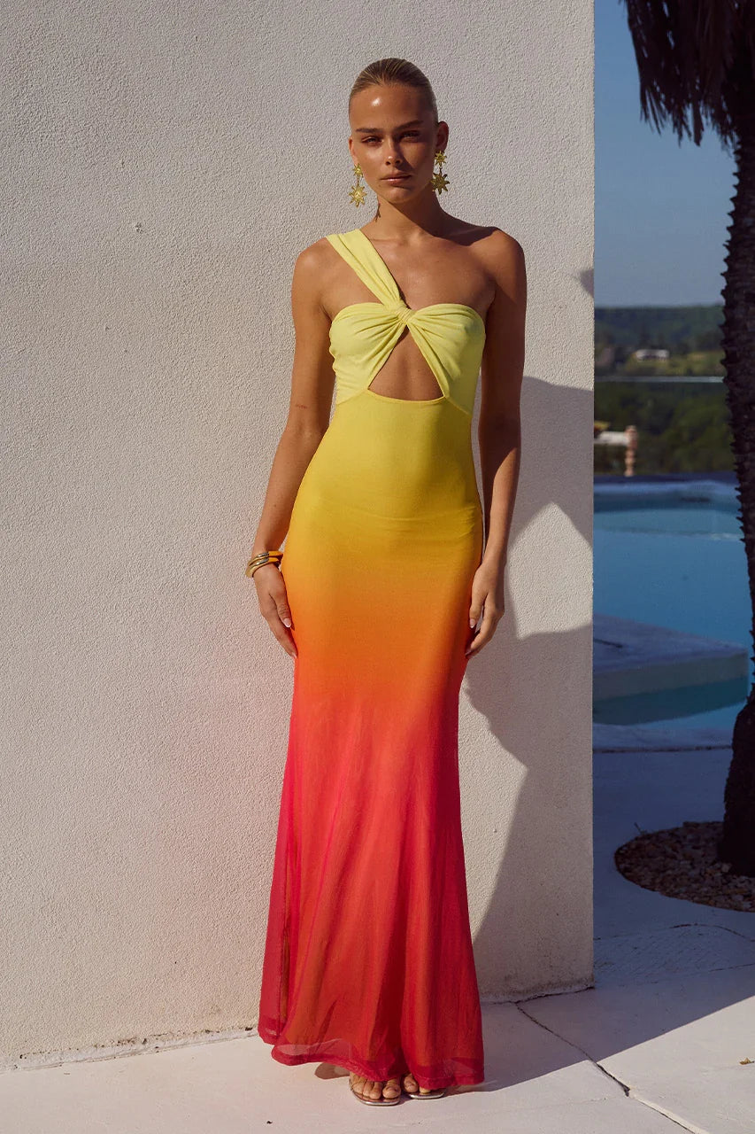 Ombre Mesh One Shoulder Twist Front Cut Out Maxi Dress 2