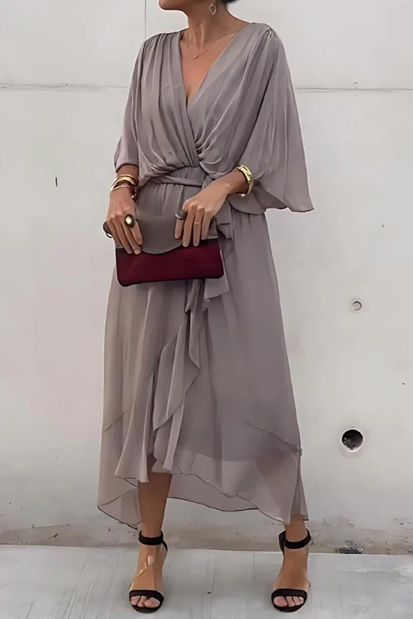 Solid Color V-neck Bat Sleeve Lace-up Irregular Hem Midi Dress - View 9