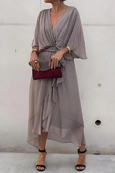 Solid Color V-neck Bat Sleeve Lace-up Irregular Hem Midi Dress - View 9