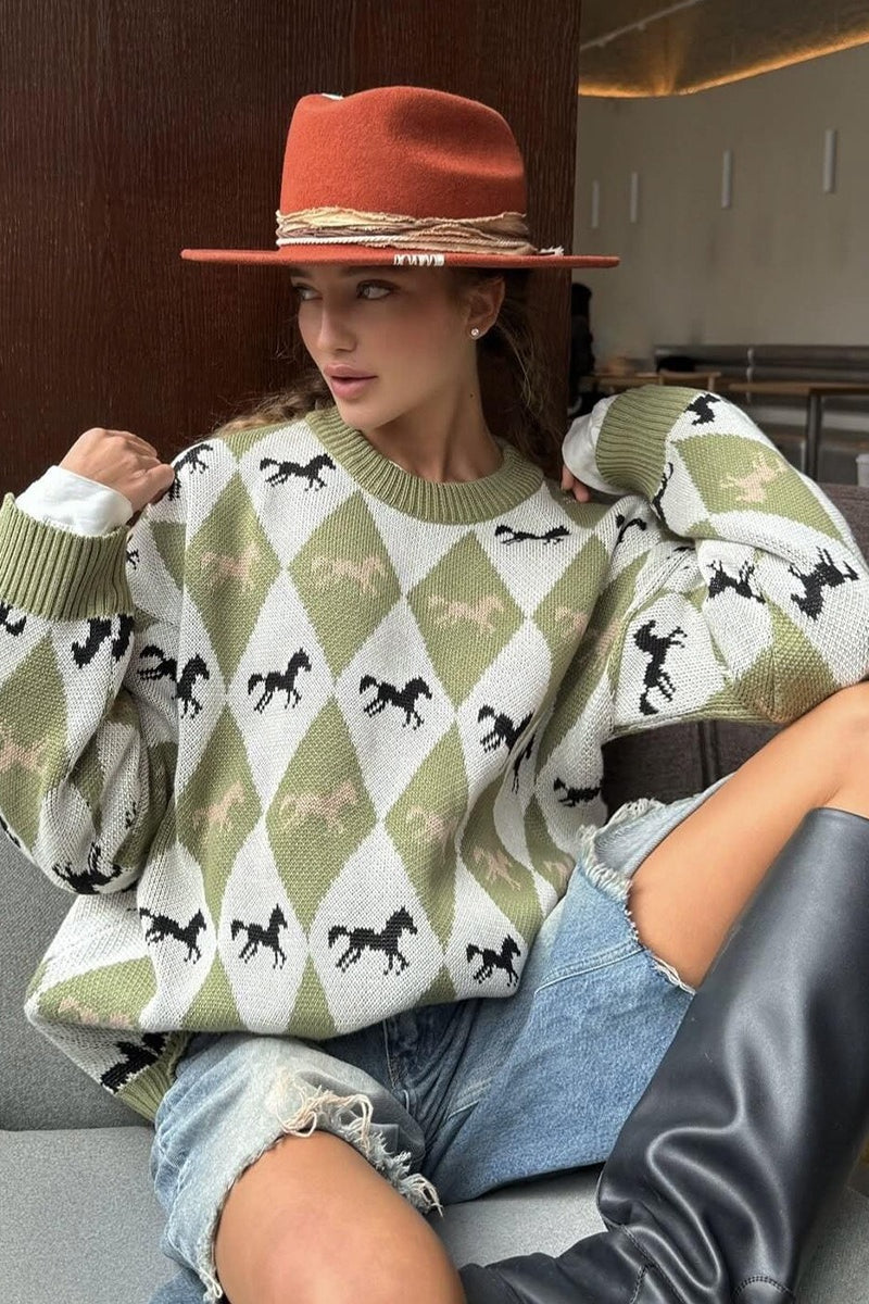 Casual Horse Graphic Pullover Sweater