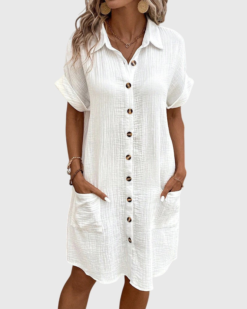 Button Front Short Sleeve Collared Pocket Shirt Dress