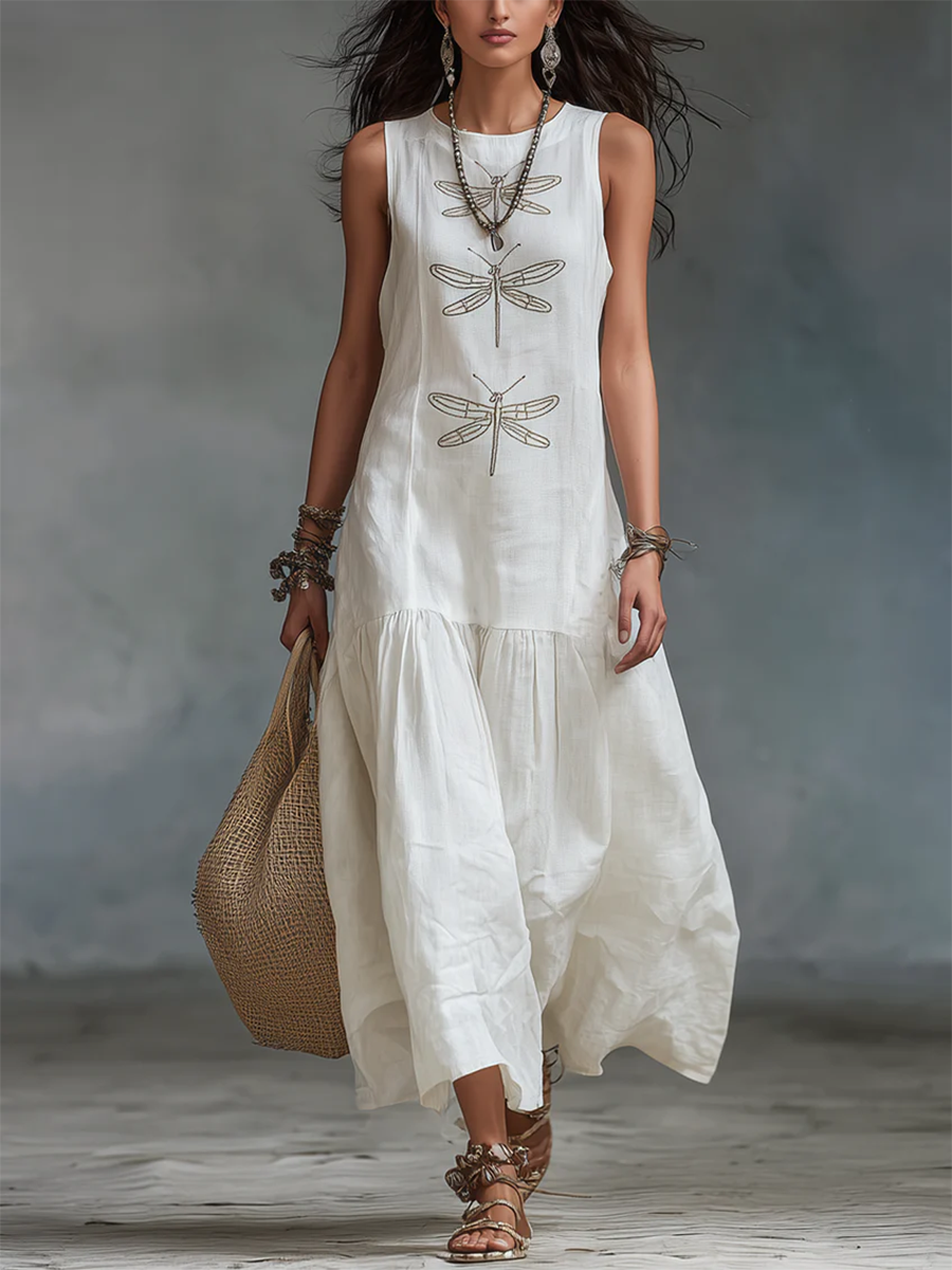 Sleeveless Dragonfly Print Tiered Maxi Dress