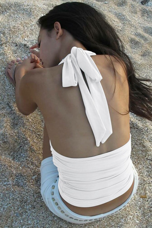 Solid Color Halter V Neck Backless Cami Top
