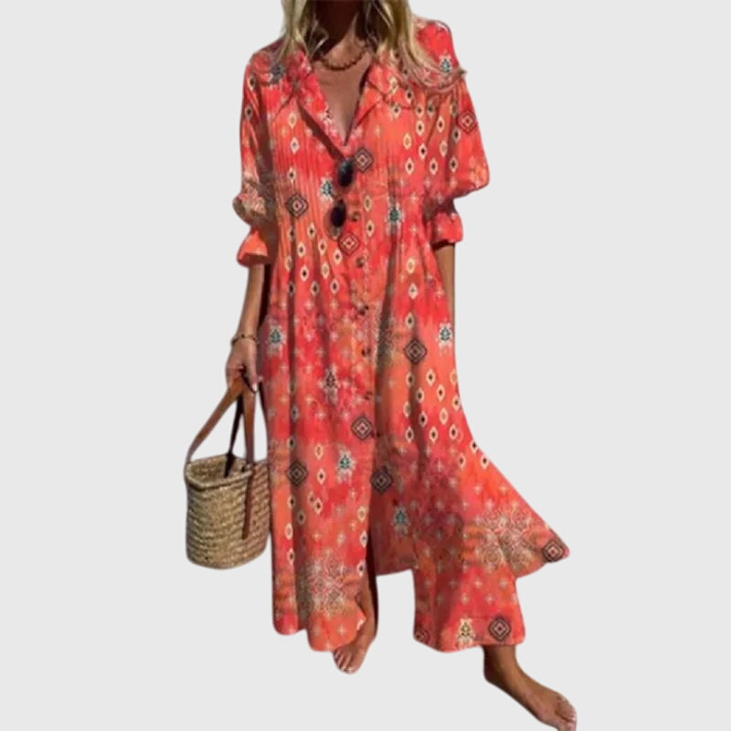 Watercolor Floral Print Split Neck Long Sleeve Maxi Dress