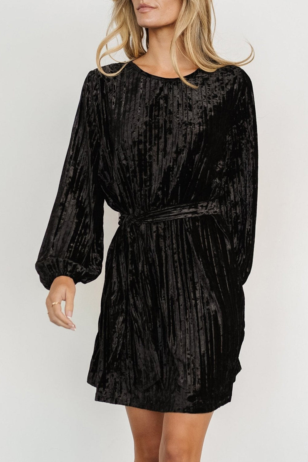 Crushed Velvet Round Neck Long Sleeve Tie Waist Mini Dress 14