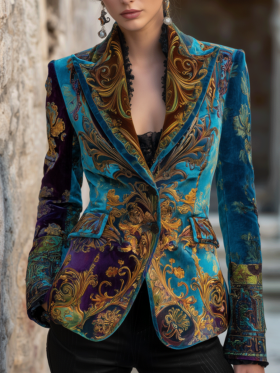 Baroque Print Velvet Single Button Blazer