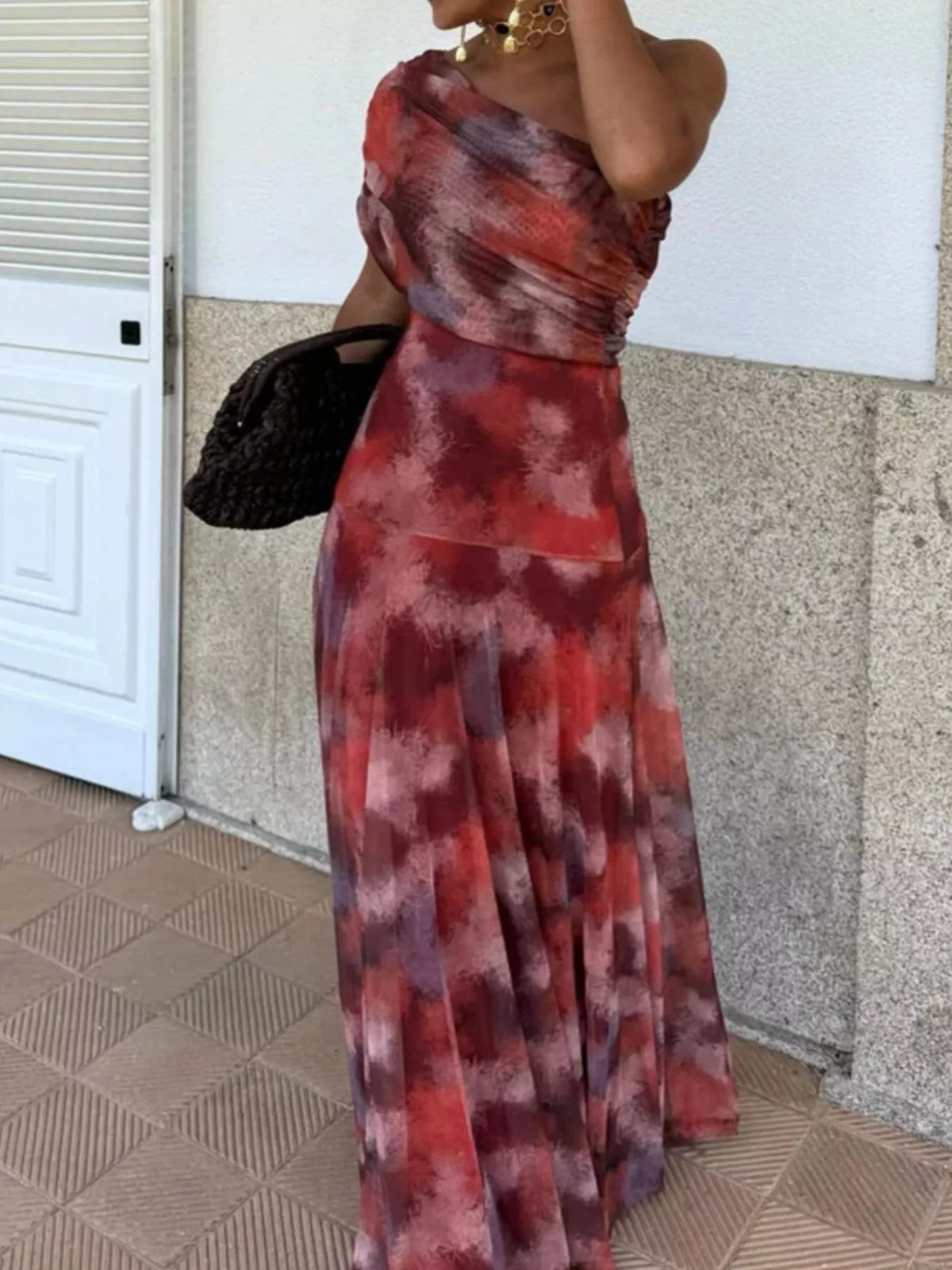 Tie Dye Mesh One Shoulder Ruched Bodice Flowy Maxi Dress 2