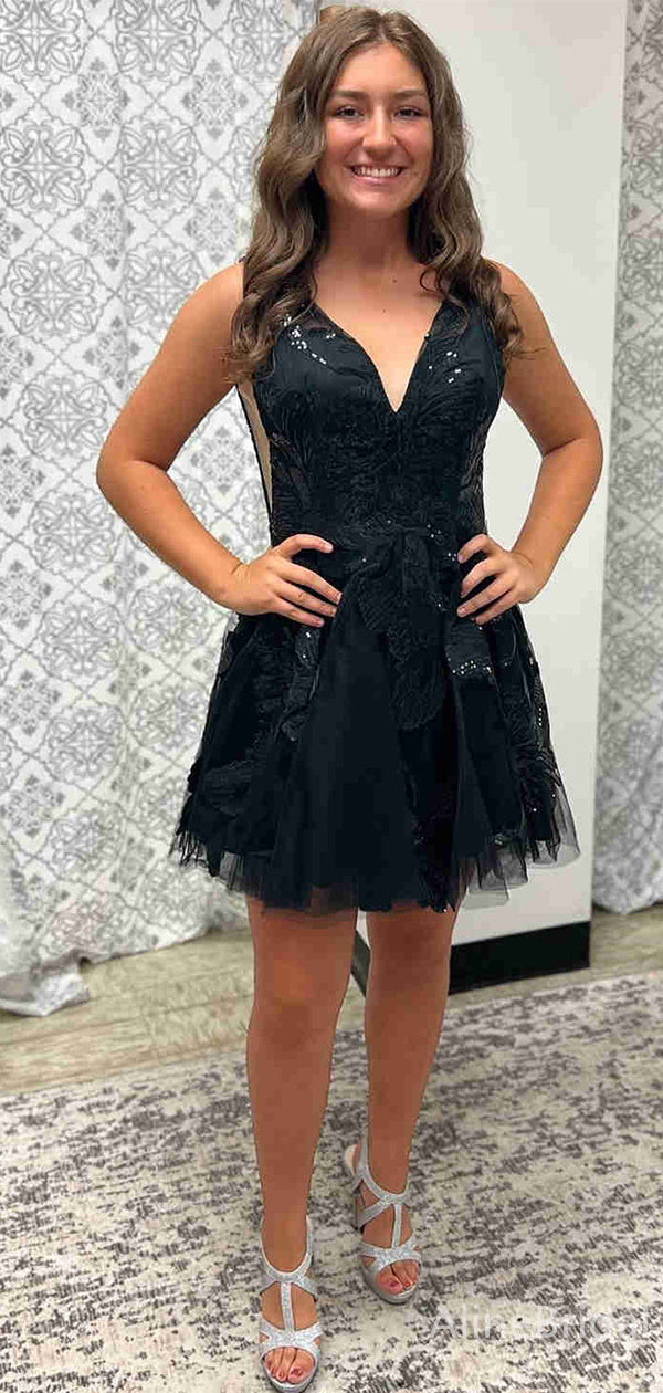 Sequin Lace Applique V-Neck Tulle A-Line Mini Homecoming Dress 3