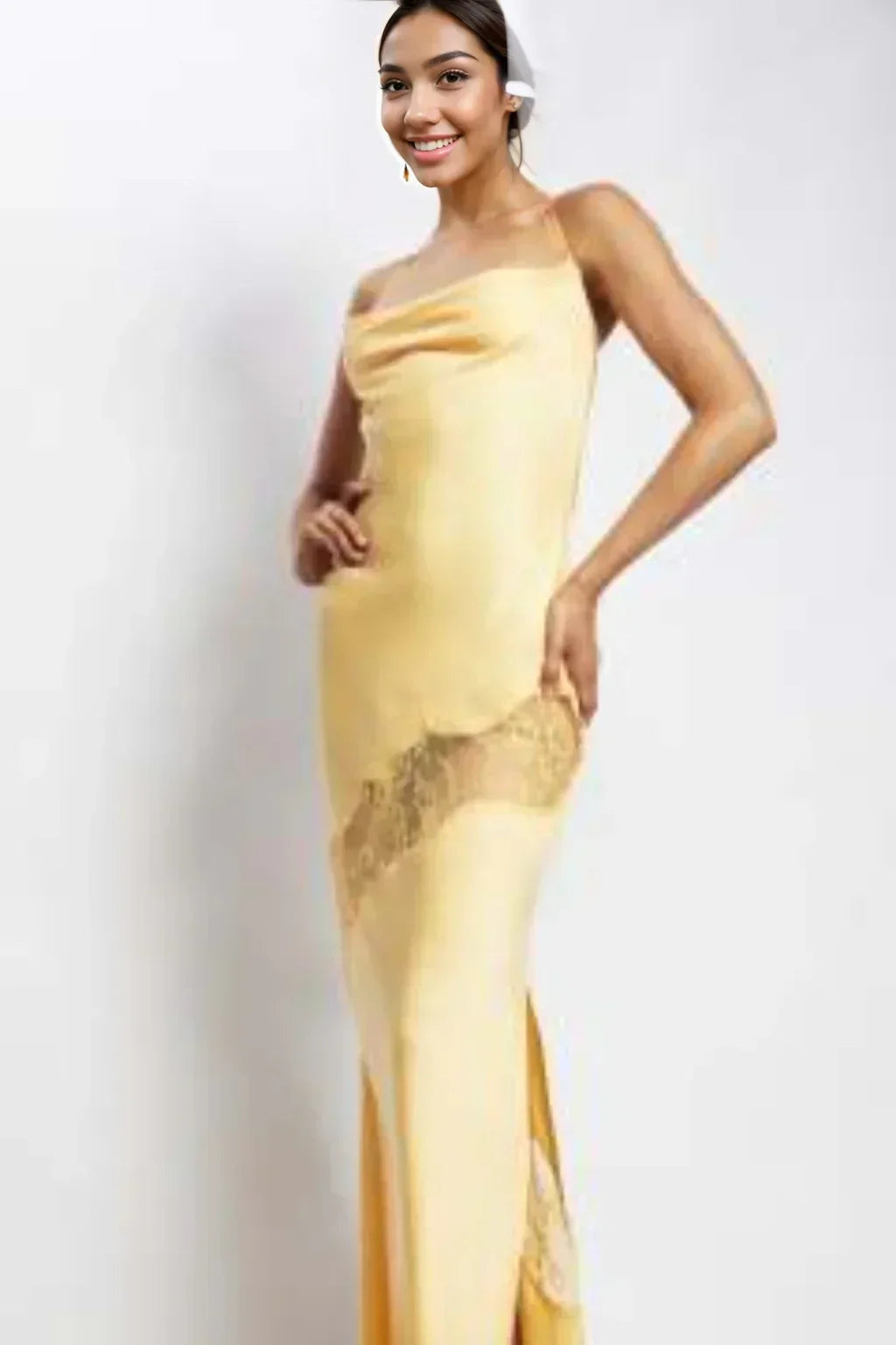 Satin Lace Insert Cowl Neck Spaghetti Strap Maxi Dress 3