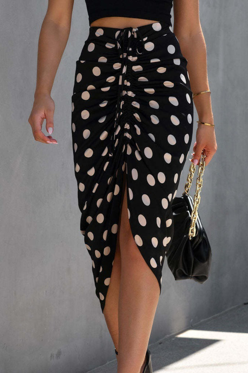 Polka Dot Ruched Drawstring Front Slit Midi Skirt 3