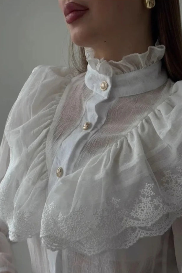 Chiffon Ruffle High Neck Long Sleeve Top