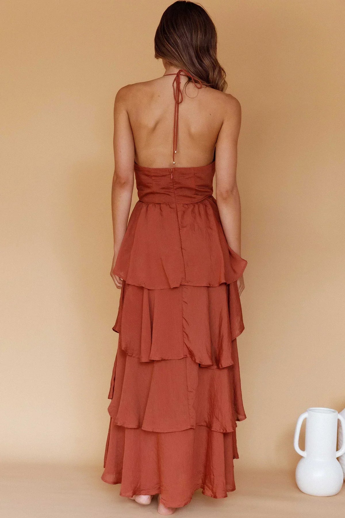 Plunge Halter Neck Tie Back Tiered Ruffle Maxi Dress 3