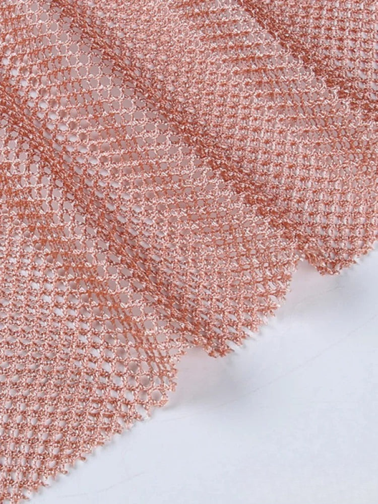 Round Splicing Neck Furry Hollow Mesh Glitter Arm Women's Seethrough Long Dress