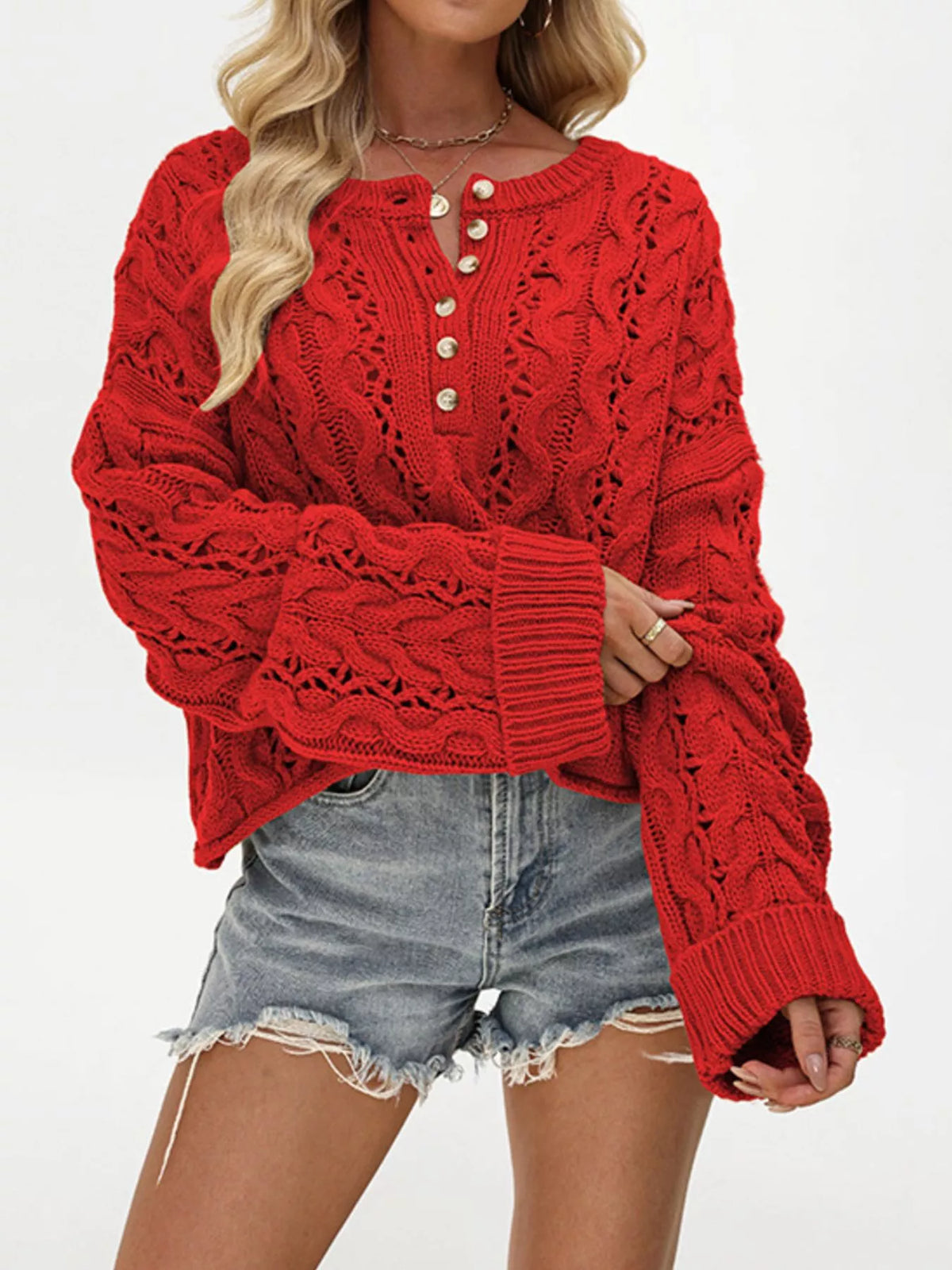 Round Neck Half Button Openwork Cable Knit Oversized Sweater