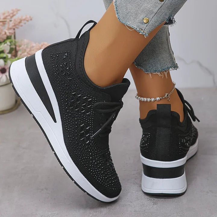 Rhinestone Mesh Lace Up Wedge Sneakers